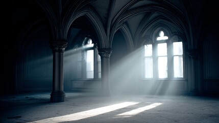 Fototapeta premium Dramatic Tyndall effect with sunlight piercing through the windows of an old cathedral, casting beams of light across the dusty interior, highlighting its ancient and mysterious atmosphere.