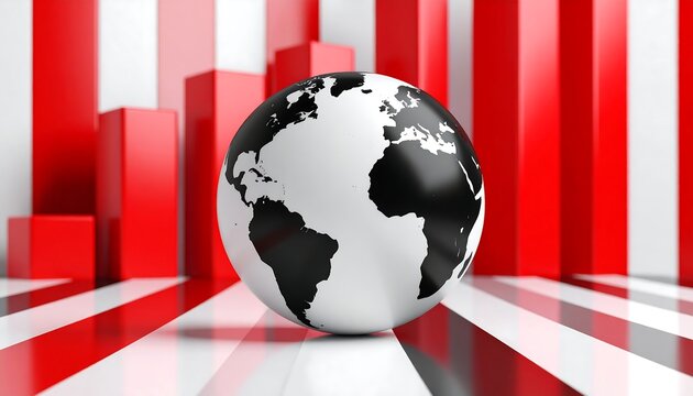 3D globe with red and white bar chart background