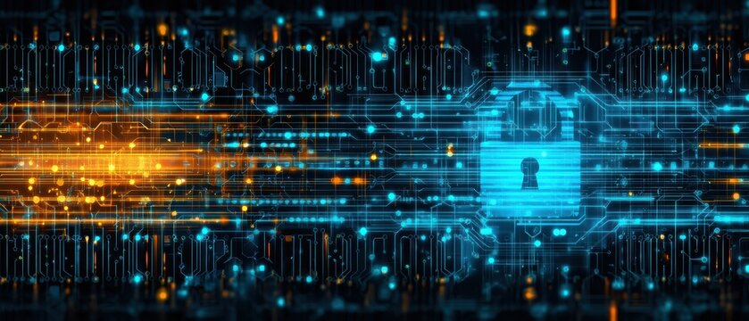 Digital padlock on a circuit board background, symbolizing cybersecurity, data protection, and secure technology