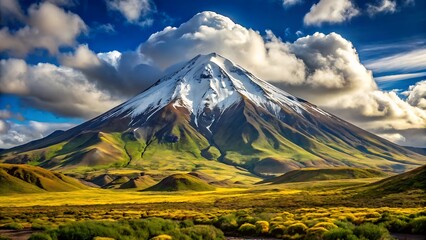 Majestic snow capped mountain peak surrounded by green rolling hills and dramatic clouds