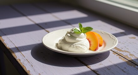 Creamy Whipped Topping with Fresh Peach Slices on Vintage Wooden Table in Bright Natural Light