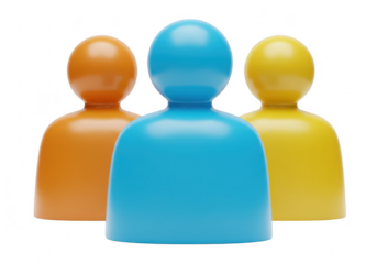 Three abstract 3d figures in orange blue and yellow stand together representing teamwork unity and diversity isolated on transparent background