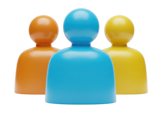 Three abstract 3d figures in orange blue and yellow stand together representing teamwork unity and diversity isolated on transparent background