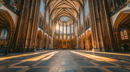 Naklejka premium Dramatic Tyndall effect with sunlight piercing through the windows of an old cathedral, casting beams of light across the dusty interior, highlighting its ancient and mysterious atmosphere.