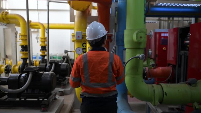 Asian engineer wearing glasses working in the boiler room,maintenance checking technical data of heating system equipment,Thailand people