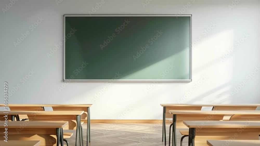 Aufkleber empty classroom with wooden desks and chairs facing green chalkboard illuminated by sunlight through