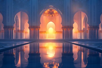 Naklejka premium Majestic Mosque Sunset Reflection Golden Pillars