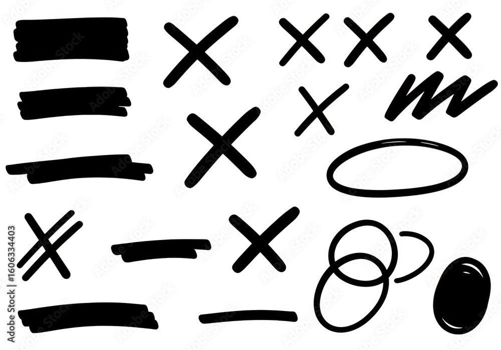 Poster a collection of handdrawn black marks including crosses checkmarks lines and circles isolated on a t