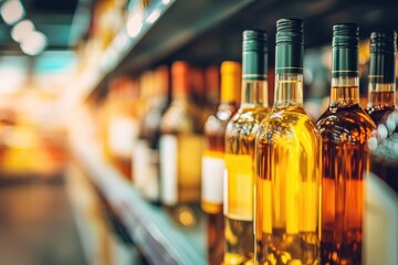 Bottles of wine and spirits are neatly arranged on a shelf in a brightly lit liquor store aisle