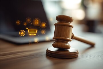 Wooden Gavel with E-commerce Icons Overlay