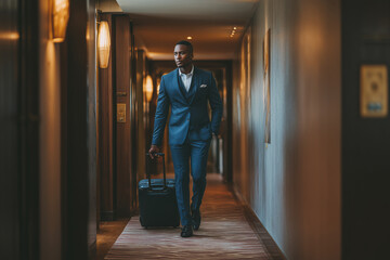 Young adult Black man walking through hotel hallway pulling suitcase, wearing formal suit, appearing confident and professional, representing business travel and hotel service concept