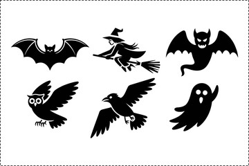 Halloween bat owl ghost silhouette set, flying bird collection, spooky night design, creative vector illustration