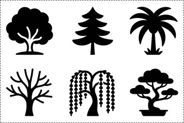 Tree silhouette vector set, pine palm willow bonsai, nature landscape design, unique creative illustration for decor
