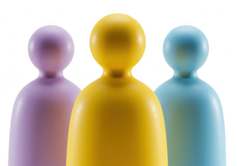 Three colorful abstract pawnlike figures in purple yellow and blue standing close together on a transparent background