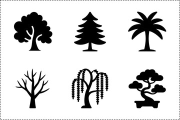 Tree silhouette collection, pine palm willow bonsai, nature landscape set, unique creative vector illustration