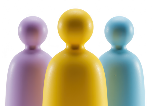 Three colorful abstract pawnlike figures in purple yellow and blue standing close together on a transparent background