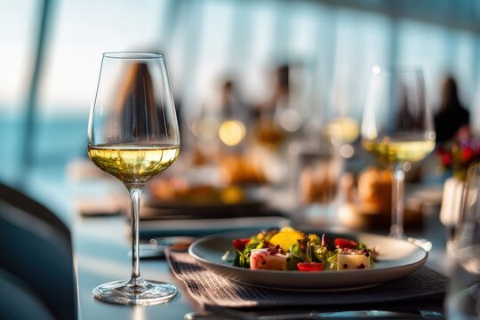 Elegant table setting with a glass of white wine and a fresh salad, set in a bright, modern restaurant environment