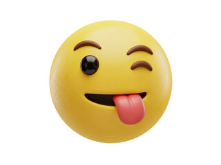 Fototapeta premium Playful yellow emoji with a winking eye and tongue sticking out conveying a mischievous and fun expression isolated on transparent background