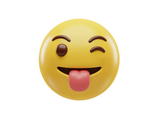 Fototapeta premium Playful yellow emoji face with one eye winking and tongue sticking out isolated on transparent background