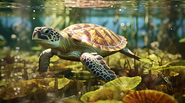 Sea turtle swimming underwater marine life ocean wildlife aquatic animal reef - Powered by Adobe