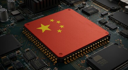China Flag on CPU Chip, Symbol of Global Chip War and Semiconductor Technology Race, Semiconductor Industry and Tech Dominance.