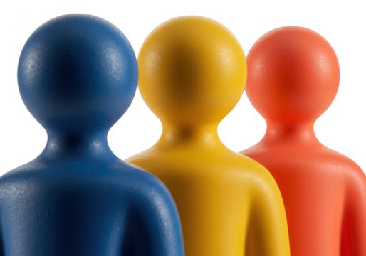 Three abstract human figures in blue yellow and red symbolizing diversity teamwork and different perspectives isolated on transparent background
