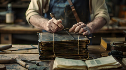 Handmade book binding stitching leather-bound