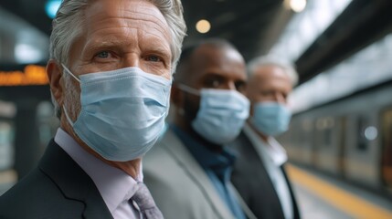 Three men in suits wearing face masks stand on a train platform, maintaining social distance while waiting for their train