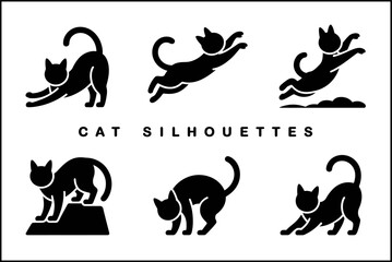 Cat silhouette creative set, stretching and playful cats, modern animal collection, unique vector design illustration