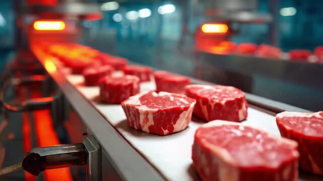 Meat Processing Line: Capturing the essence of industrial precision, this photo showcases raw meat cuts moving along a conveyor belt in a modern food processing plant.