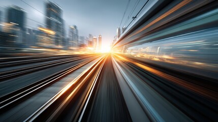 A high-speed train rushes through a modern cityscape at sunset, creating dynamic motion blur and energy