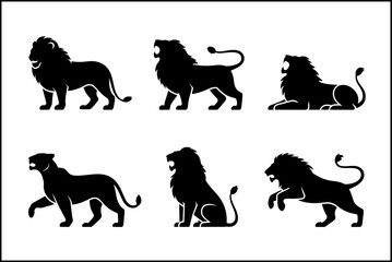 Lion silhouette vector pack, walking and sitting lions, creative animal collection, unique black design illustration