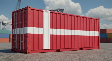 Denmark Flag on Cargo Container, Symbol of Global Trade, Shipping, and Economic Tensions. International Shipping and Trade War Impact
