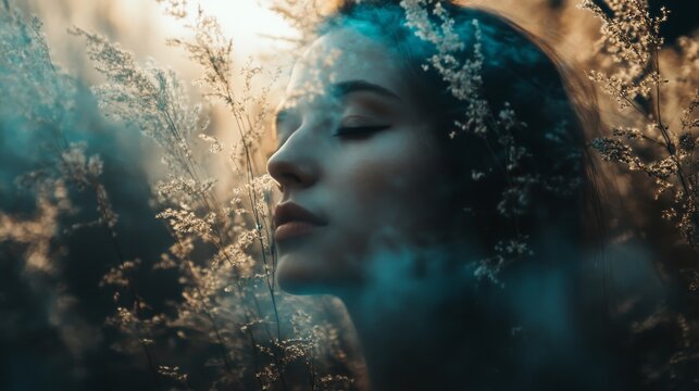 Abstract portrait of a woman's face, with flowers and leaves growing over it.
