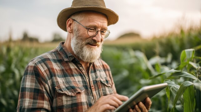 An elderly man in a plaid shirt and hat uses a tablet in a green cornfield, smiling and engaging with technology outdoors