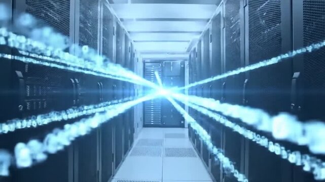 Data center hallway with blue light streams