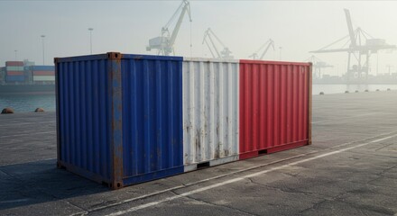 France Flag on Cargo Container, Symbol of Global Trade, Shipping, and Economic Tensions. International Shipping and Trade War Impact