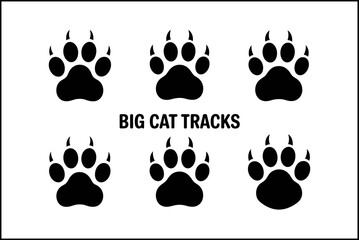 Fototapeta premium Big cat paw print vector set, animal track silhouettes, creative collection, unique wildlife design illustration