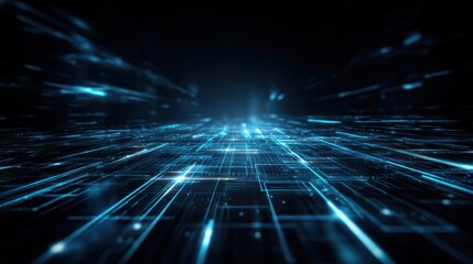 Futuristic digital grid with glowing blue lines, creating a sense of depth and advanced technology in a dark virtual environment