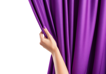 Female hand gently pulling aside purple curtain, isolated on transparent background
