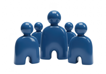 Five blue stylized human figures in a group with one larger figure in the center on a transparent background
