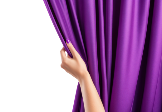 Female hand gently pulling aside purple curtain, isolated on transparent background