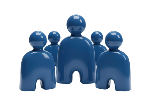Five blue stylized human figures in a group with one larger figure in the center on a transparent background