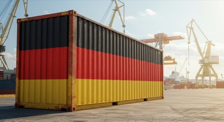 Germany Flag on Cargo Container, Symbol of Global Trade, Shipping, and Economic Tensions. International Shipping and Trade War Impact