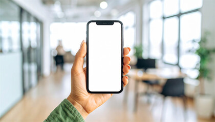 モックアップ用スマートフォンを右手で縦持ち、ぼかし加工のオフィス背景。白いブランク画面にUIや広告を載せやすい clean modern business mockup – hand holding smartphone mockup with blank white screen in blurred office