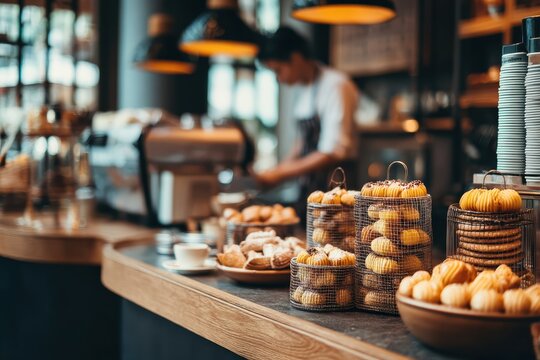 A cozy café counter displays a variety of pastries and cookies, with a barista preparing coffee in the background under warm lighting