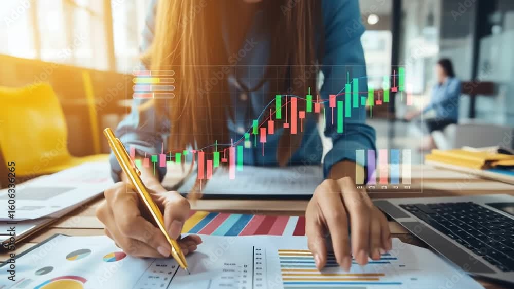 Aufkleber financial analysis chart graph report business data stock market trends growth notes on report paper