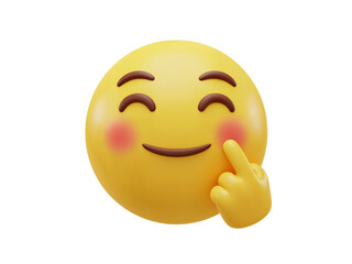 Fototapeta premium Cute blushing yellow emoji character with closed eyes and a happy smile touching its cheek with a finger isolated on transparent background