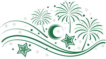 Pakistan Independence Day vector illustration pack with crescent moon, star, badges, banners, and fireworks in green and white theme — no flag used, only symbolic art.

