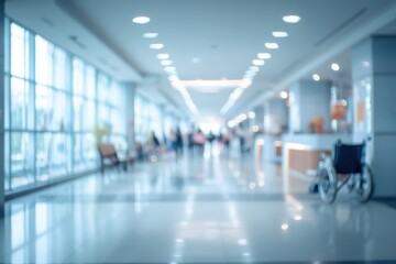 A bright, modern hospital corridor with a wheelchair, seating, and people in the background, creating a clean and professional atmosphere